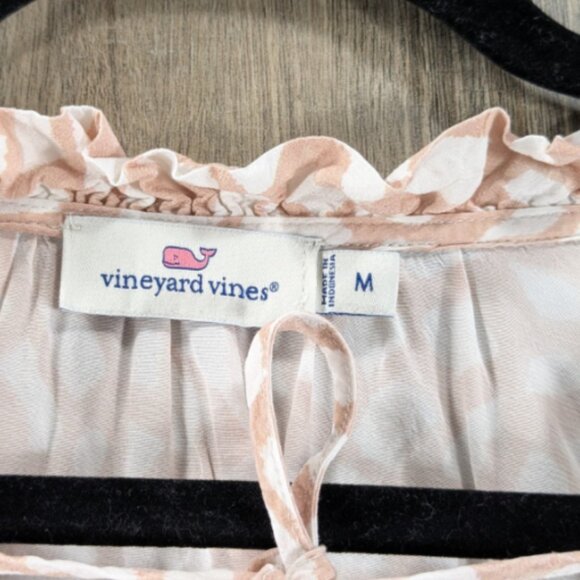 Vineyard Vines Top Womens Medium Beige Print Peasant Long Sleeve Ruffle Trim BOH - Picture 5 of 10